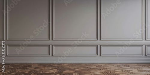 Minimalistic grey wall panels and parquet floor in a traditional room