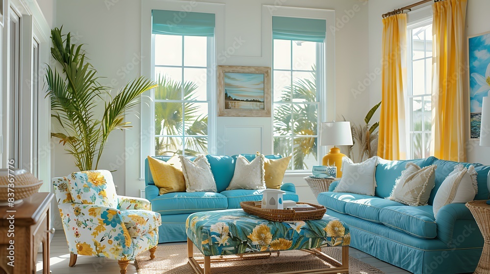 A bright and inviting living room with blue sofas, yellow curtains, and coastal decor bathed in natural sunlight. A bright and inviting living room with blue sofas, yellow curtains, and coastal decor bathed in natural sunlight.