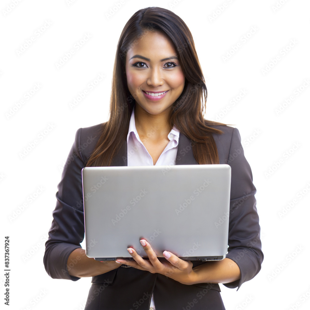 A woman is holding a laptop and smiling