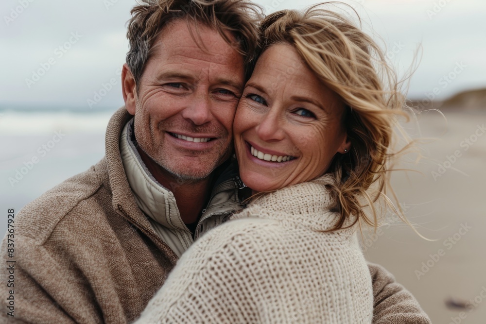 On a beach, a happy middle-aged couple shares a loving hug, generative AI On a beach, a happy middle-aged couple shares a loving hug, generative AI