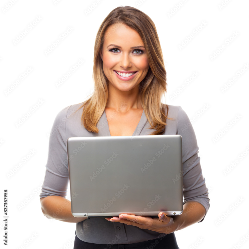 A woman is holding a laptop and smiling A woman is holding a laptop and smiling