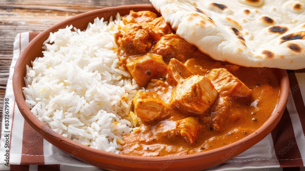 Chicken tikka masala spicy curry meat food in a clay plate with rice and naan bread on wooden background Chicken tikka masala spicy curry meat food in a clay plate with rice and naan bread on wooden background
