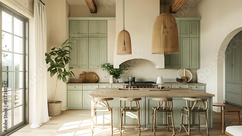 Elegant and spacious kitchen interior with sage green cabinetry, wood accents, and modern appliances bathed in natural light‚ perfect for a home design concept. 