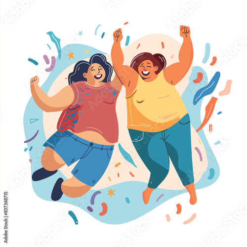 Two joyful plussize women celebrating, dancing, happy overweight females enjoying life. Illustration body positivity, curvy girls casual clothes abstract background. Diversity, confidence friendship