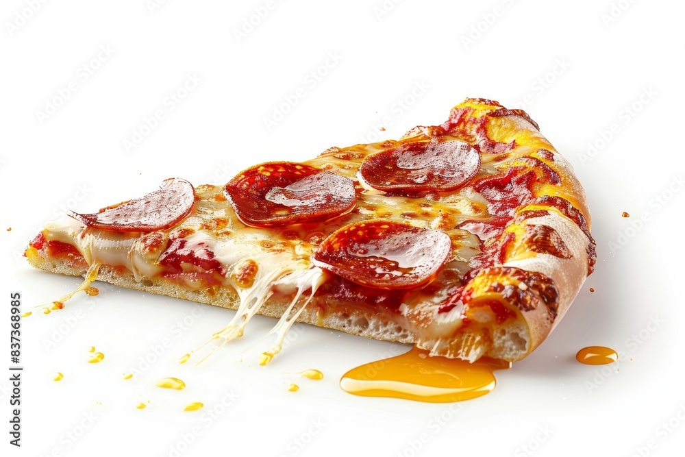 On a white background, a slice of pepperoni pizza flies through the air. Generative AI template. On a white background, a slice of pepperoni pizza flies through the air. Generative AI template.