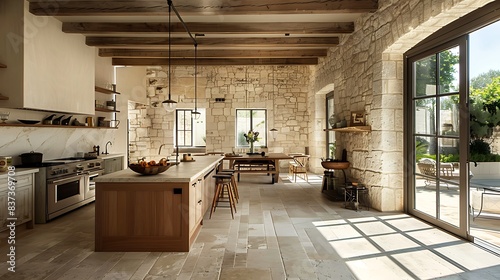 Spacious modern kitchen interior with natural stone walls and wooden accents illuminated by natural light through large windows.