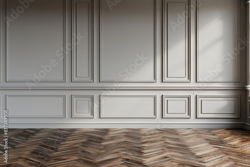 Classic grey wall panels and light wood flooring in a bright room