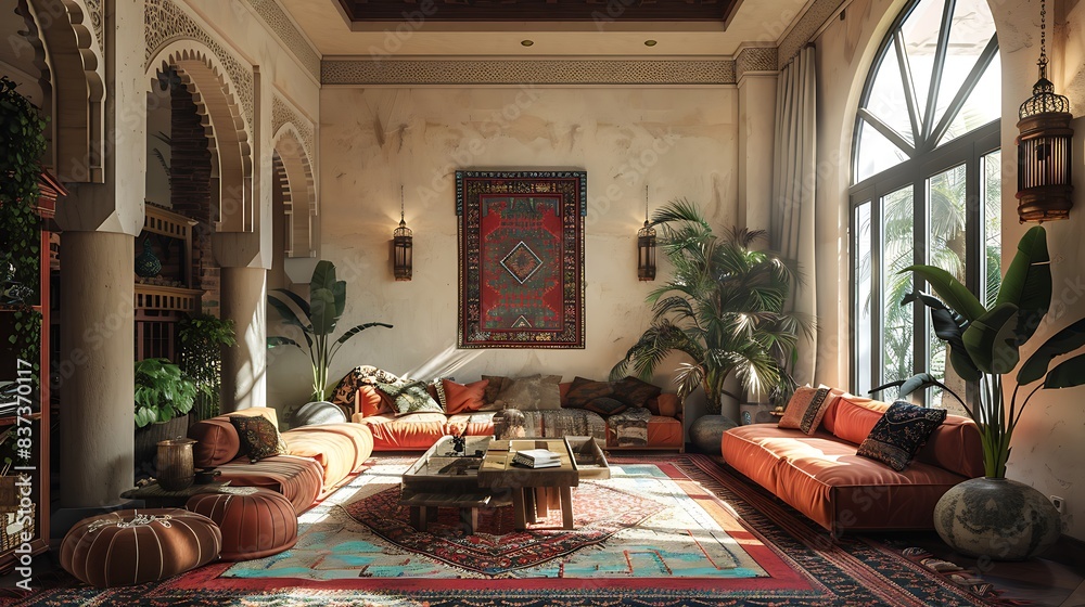 A luxurious Moroccan-style living room with plush seating and ornate decor bathed in warm natural light. A luxurious Moroccan-style living room with plush seating and ornate decor bathed in warm natural light.