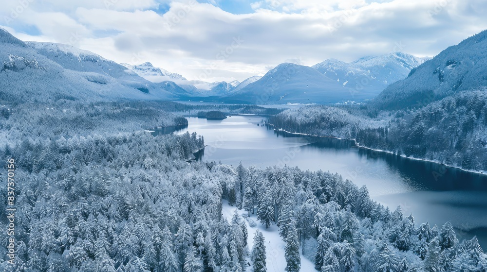 Drone view of winter landscape with pine forest covered with snow and mountain lake