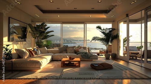 A luxurious living room interior with modern furniture overlooking a serene ocean view at sunset.  © Athena