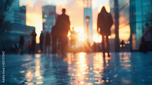 In the background  there is a blurred background with a background of business people crowded walking in a corporate office in a city downtown. The color tone of the image is cinematic and the image