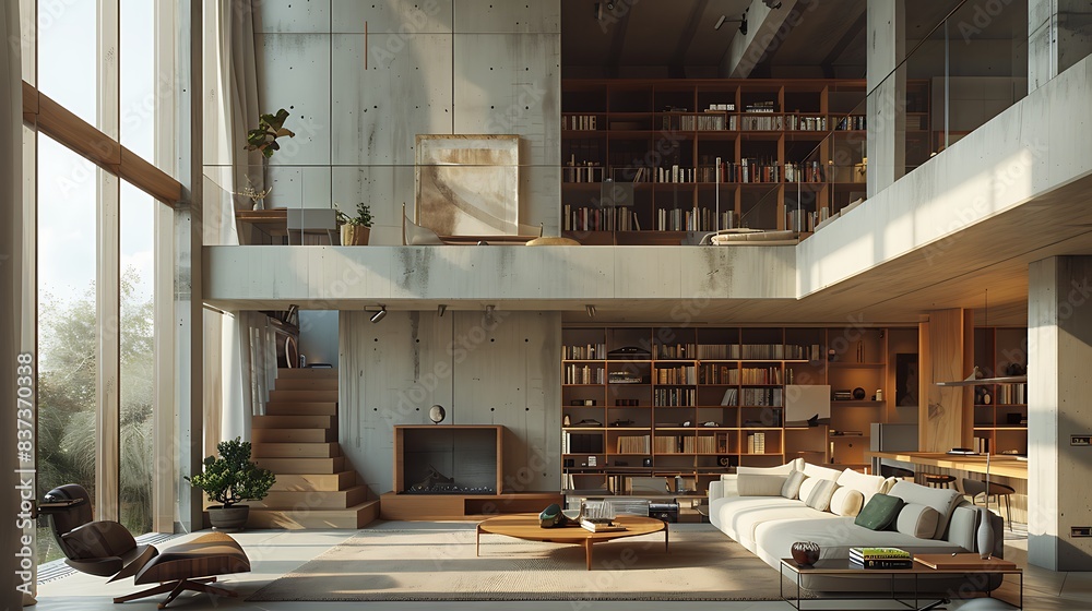 Modern and stylish living room interior with panoramic windows, bookshelves, and comfortable furniture in a luxurious home design. Modern and stylish living room interior with panoramic windows, bookshelves, and comfortable furniture in a luxurious home design.