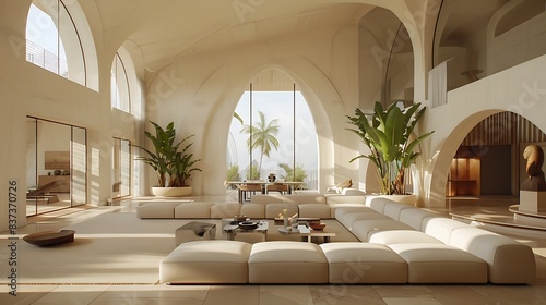 Modern and spacious living room interior with elegant furniture and tropical plant accents under a high arched ceiling  conveying luxury and relaxation. 
