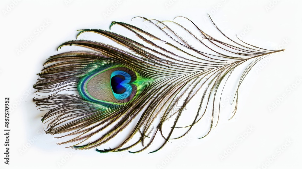 Obraz premium Elegant peacock feather isolated on clean white backgrounds