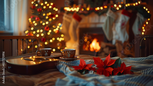 The Christmas tree is shining, next to the burning fireplace and two coffees on the table. A guitar on the bed © Sergei