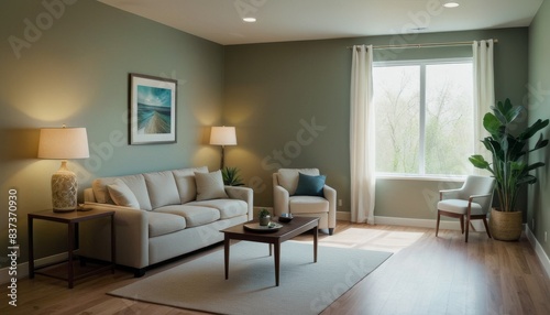 A modern living room design with elegant furniture and a welcoming ambiance, featuring natural light from a large window.