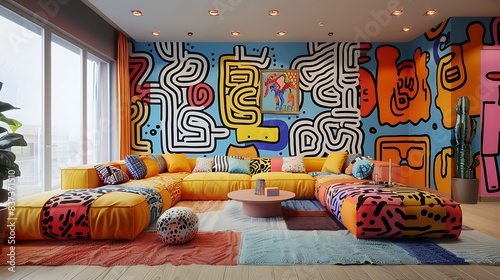 Vibrant and artsy interior design of a modern living room with colorful furniture and graffiti wall art. photo