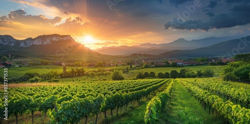 Wallpaper Mural Field of green vines and rows of ripe grapes. Artificial intelligence. Torontodigital.ca