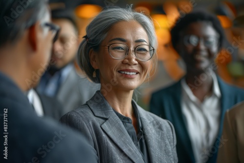 Gray-haired woman smiling with glasses in front of group