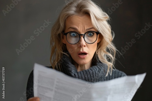 Woman with Eyeglasses Reading Paper in Shock photo