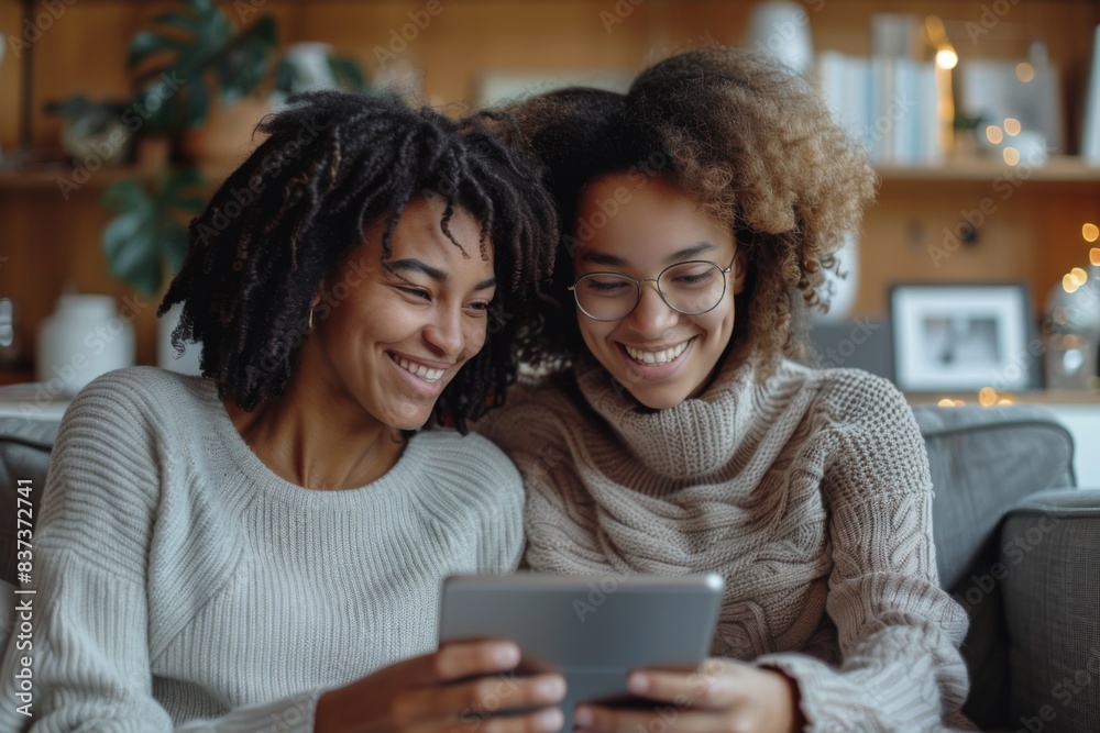 Two women on couch with tablet Two women on couch with tablet