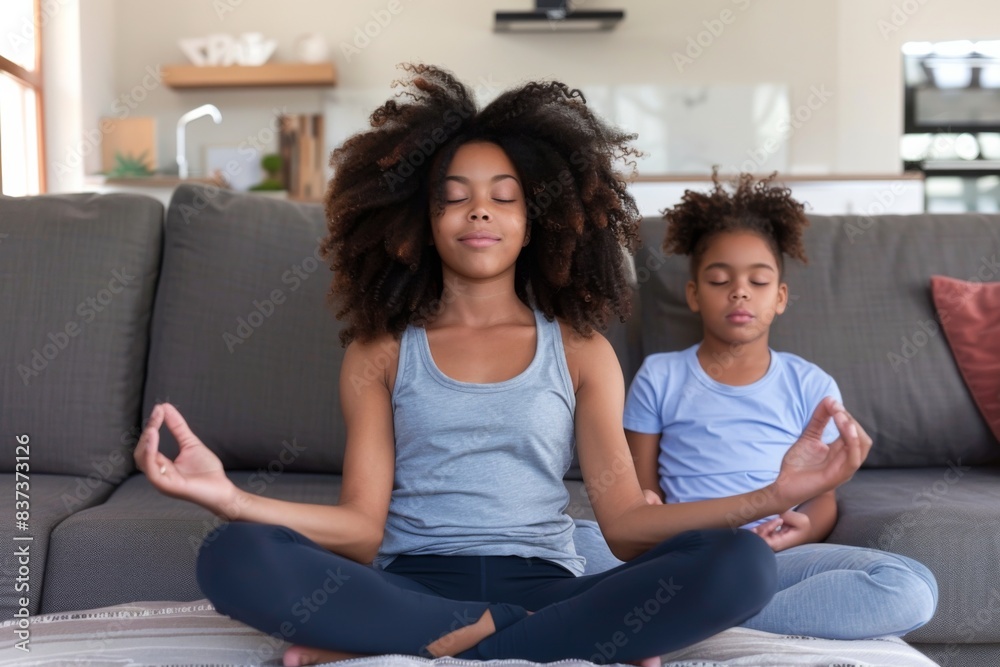 Two girls practicing yoga on couch Two girls practicing yoga on couch