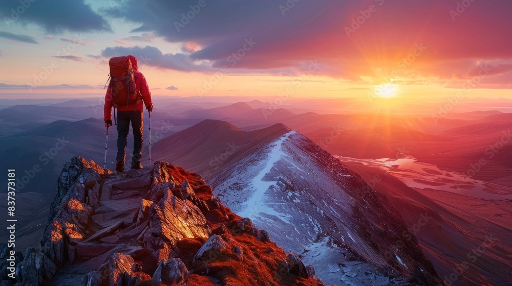 Fototapeta premium Solo Adventurer on Snowy Mountain Peak at Sunset, Embracing the Vast Wilderness