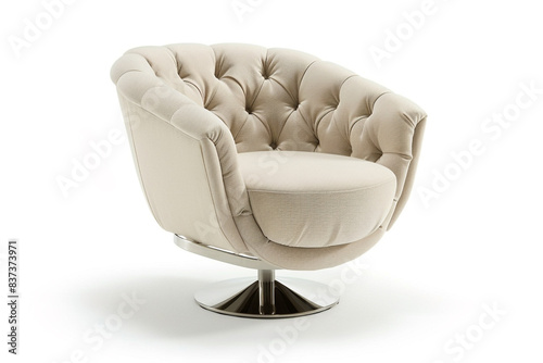 Elegant cream revolving chair with fabric upholstery and metal base, wide-angle side view, isolated on white background.