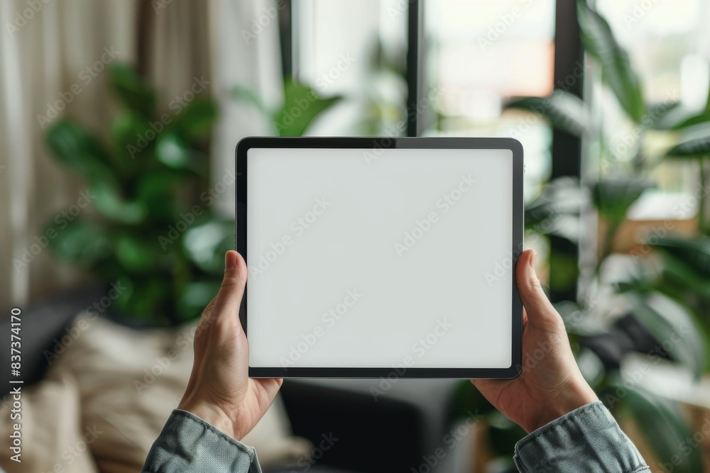 Person holding a tablet with a blank screen Person holding a tablet with a blank screen
