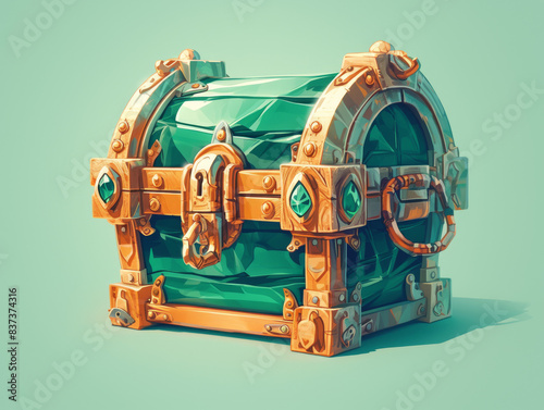Game Asset: Ornate green treasure chest with gold details on a light background
