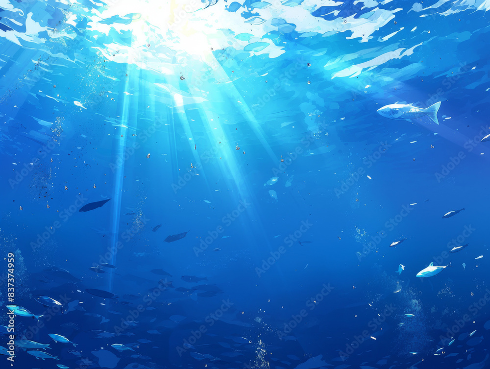 Sunrays penetrating the deep blue ocean with fish Sunrays penetrating the deep blue ocean with fish