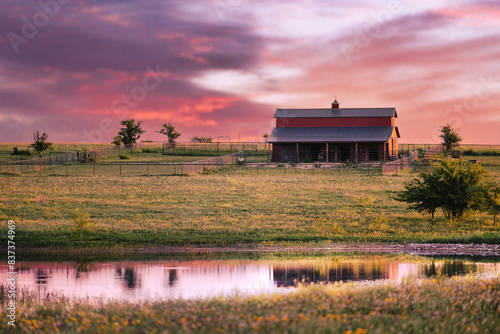 Texas Barn on Hill sunrise sunset colorful clouds