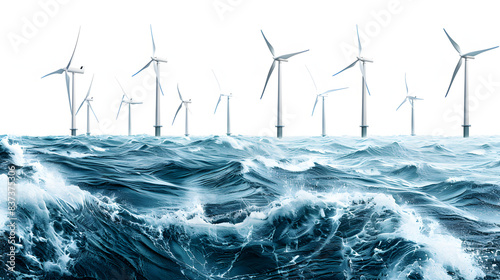 a group of wind turbines, sleek and modern, dance gracefully on the ocean waves, harnessing the power of the wind in flevoland, netherlands isolated on white background, hyperrealism, png photo