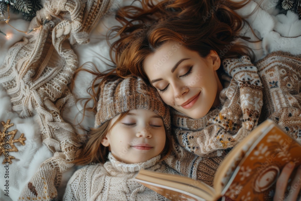 Mother and child reading book on bed Mother and child reading book on bed