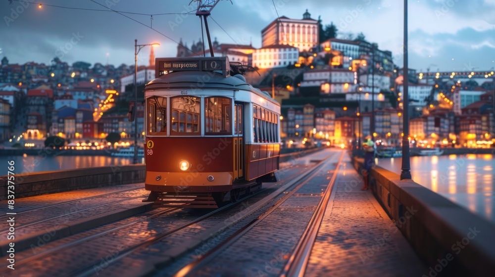 Obraz premium Vintage Tram on City Tracks Against Twilight Sky, Urban Evening Charm