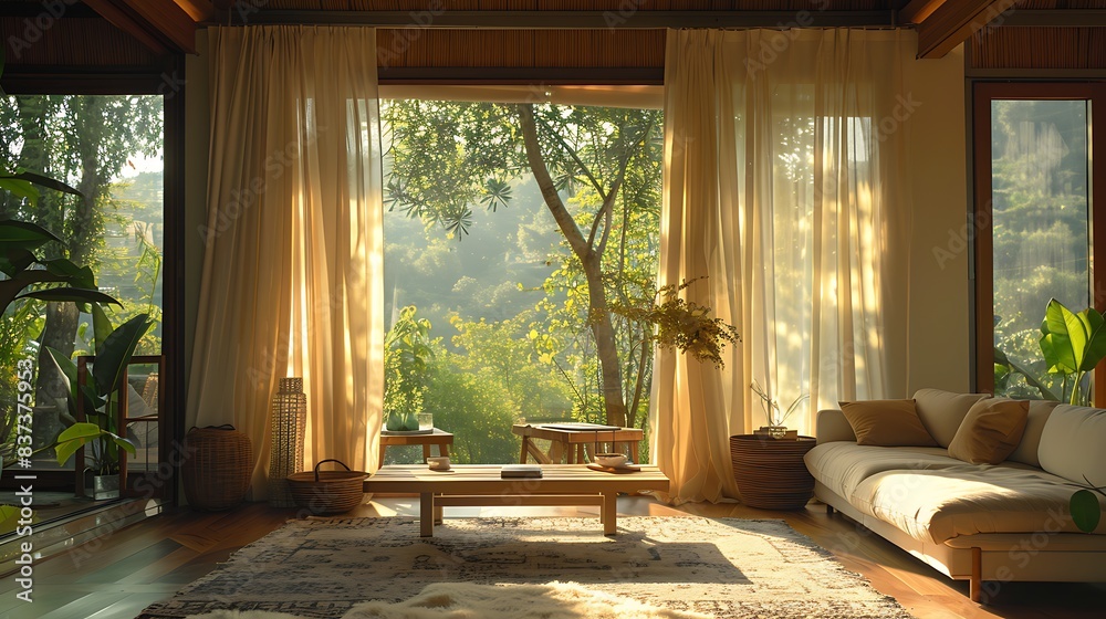 Cozy and serene living room bathed in warm sunshine with a beautiful view of nature through large windows. Cozy and serene living room bathed in warm sunshine with a beautiful view of nature through large windows.