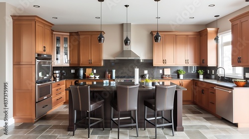 Modern kitchen interior with wooden cabinets  stainless steel appliances  and a central island with seating area perfect for a contemporary home design image. 