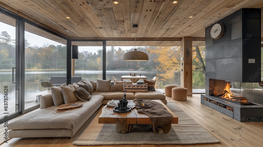 Modern cozy living room with large windows overlooking a tranquil lake during autumn, complete with a fireplace and stylish furnishings. Modern cozy living room with large windows overlooking a tranquil lake during autumn, complete with a fireplace and stylish furnishings.