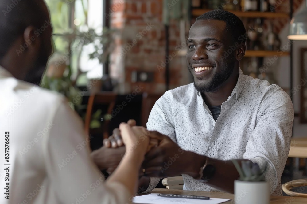 Two men shaking hands in a restaurant Two men shaking hands in a restaurant