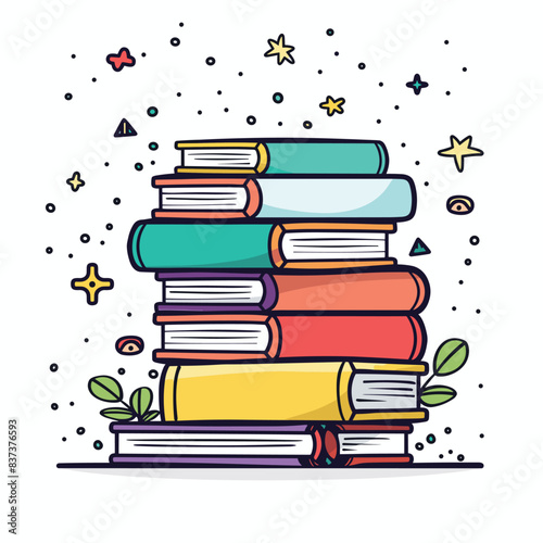 Stack colorful books vector illustration white background stars geometric shapes. Books arranged vertically vibrant hues featuring red, blue, green, yellow spines. Educational literary concept