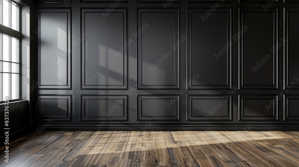 Modern classic black empty interior with wall panels and wooden floor. 3d render illustration mock up Modern classic black empty interior with wall panels and wooden floor. 3d render illustration mock up
