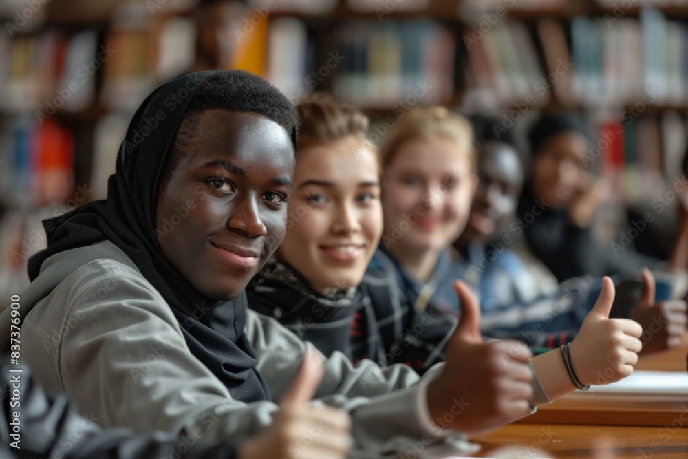 Students sitting table thumbs up library Students sitting table thumbs up library