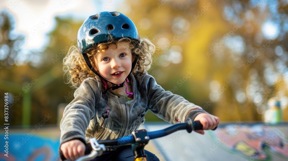 Joyful Toddler with Helmet Riding a Bike on Sunny Day at the Park Joyful Toddler with Helmet Riding a Bike on Sunny Day at the Park