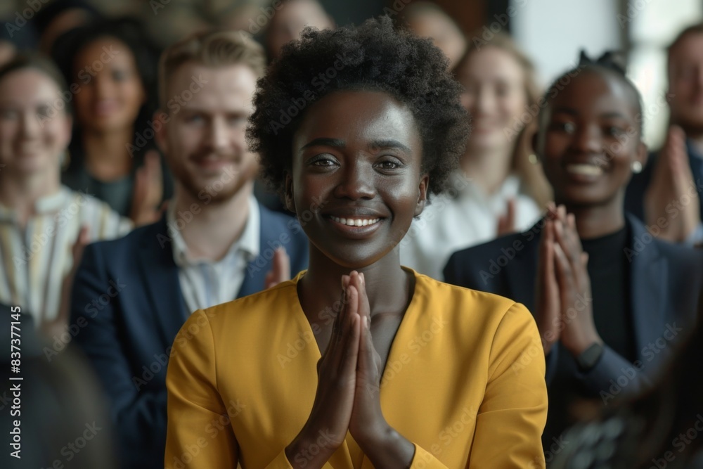 Woman in yellow shirt clapping in front of crowd