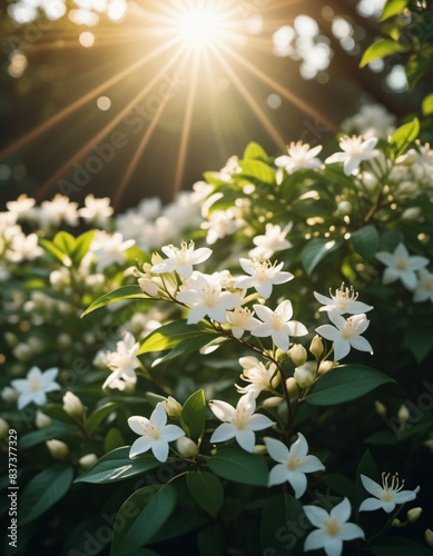 Jasmine Jasminum officinale in olive family of Oleaceae cultivated for tea fragrance. White flowers with yellow centers, blooming on a bush with green leaves. Sun shines brightly in background. AI photo