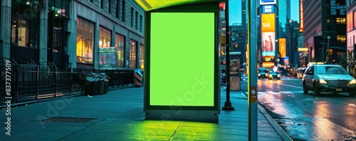 A green billboard sits on a city street. The billboard is empty and the street is busy with cars and pedestrians