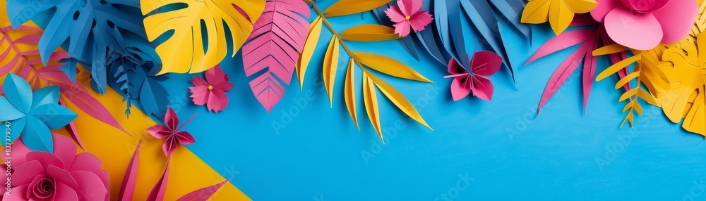 Naklejka premium Colorful Paper Flowers and Leaves on Blue Background - Tropical Summer Craft