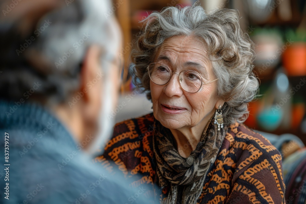 Elderly woman in glasses talking to elderly man in room Elderly woman in glasses talking to elderly man in room