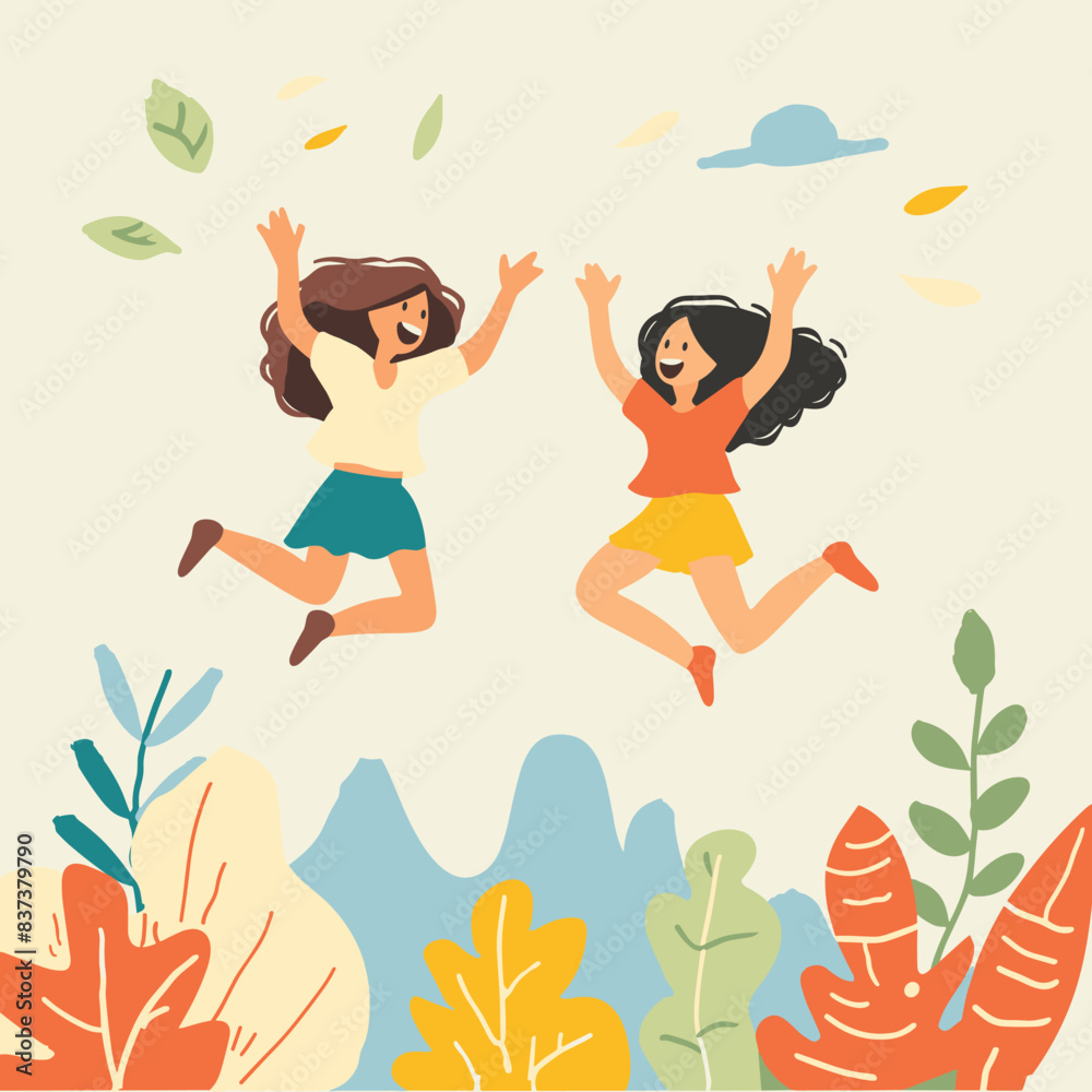 Φωτογραφία Two young girls joyfully jumping amidst colorful plants leaves