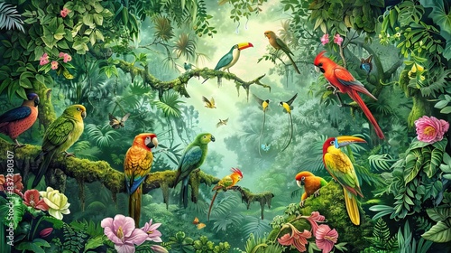 Fototapeta Naklejka Na Ścianę i Meble -  Tropical jungle pattern wallpaper with palm trees plants birds butterflies and animals of paradise on a dark blue background for wall vintage. AI generated illustration